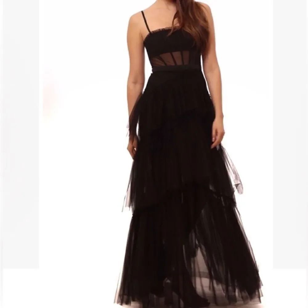 Betsy & Adam A24201 Tiered Tulle Ruffle Gown in Black $309